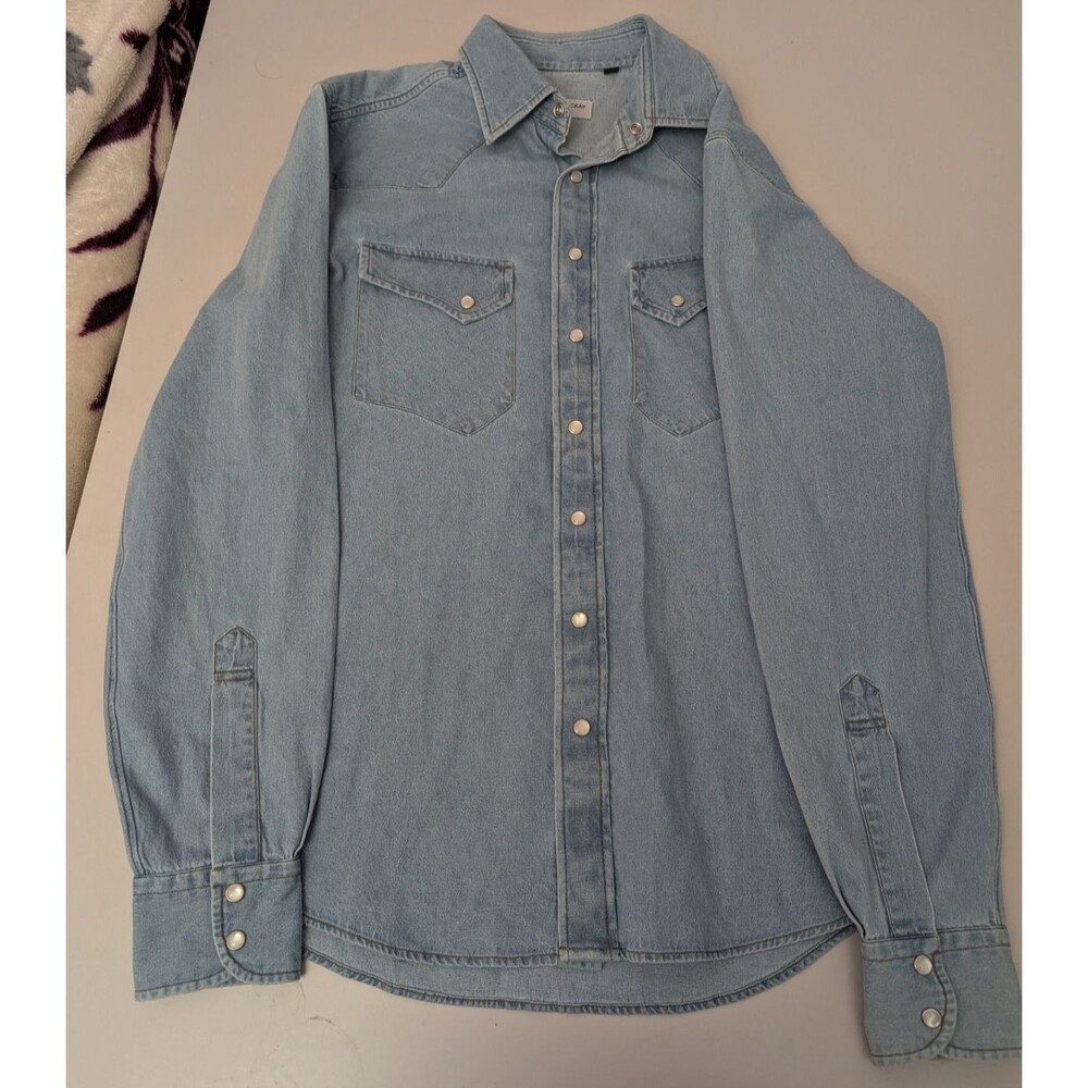 SPIER MACKAY Medium M Slim Light Wash Denim Western Shirt Pearl Snap Cotton